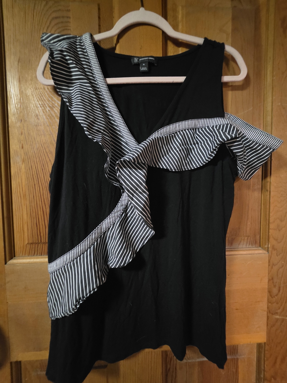 INC International Concepts Black Tank Top with White-Striped Ruffle